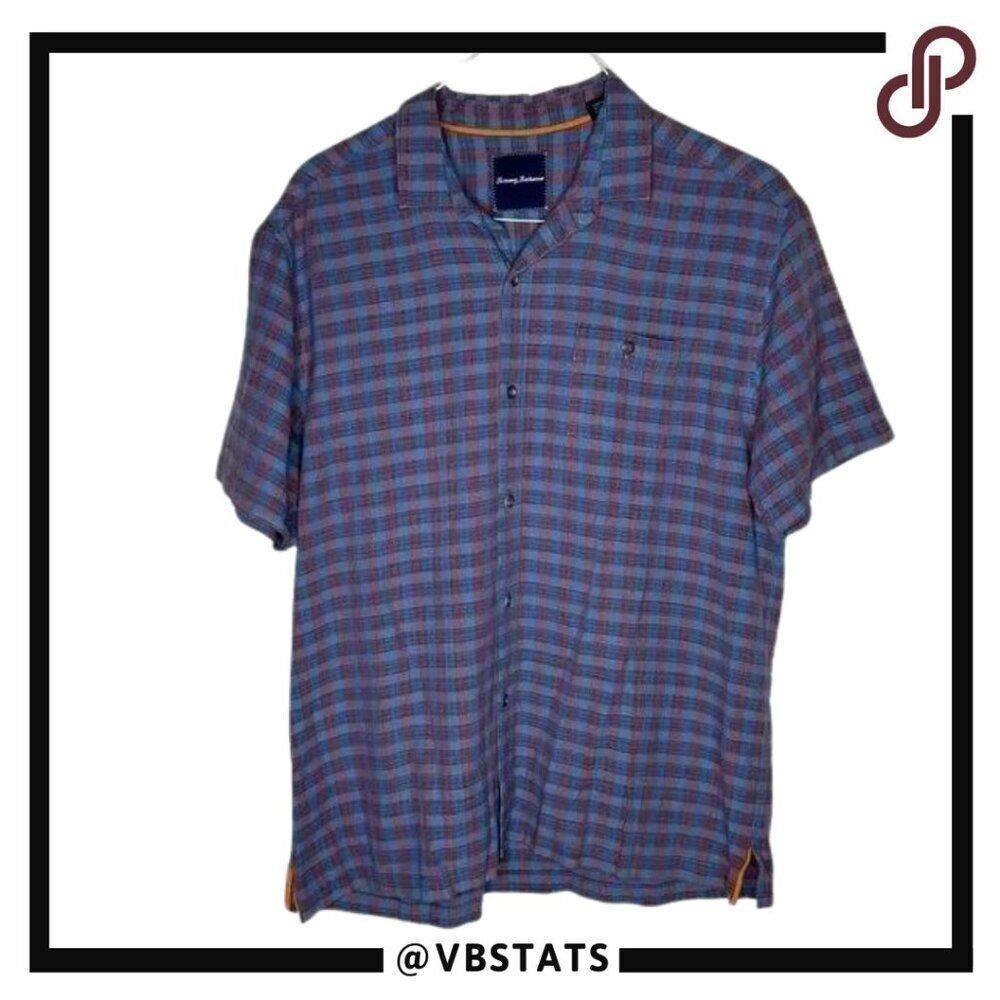 Tommy Bahama Red-Blue Plaid Short Sleeve Silk Shirt in‎ Size Large